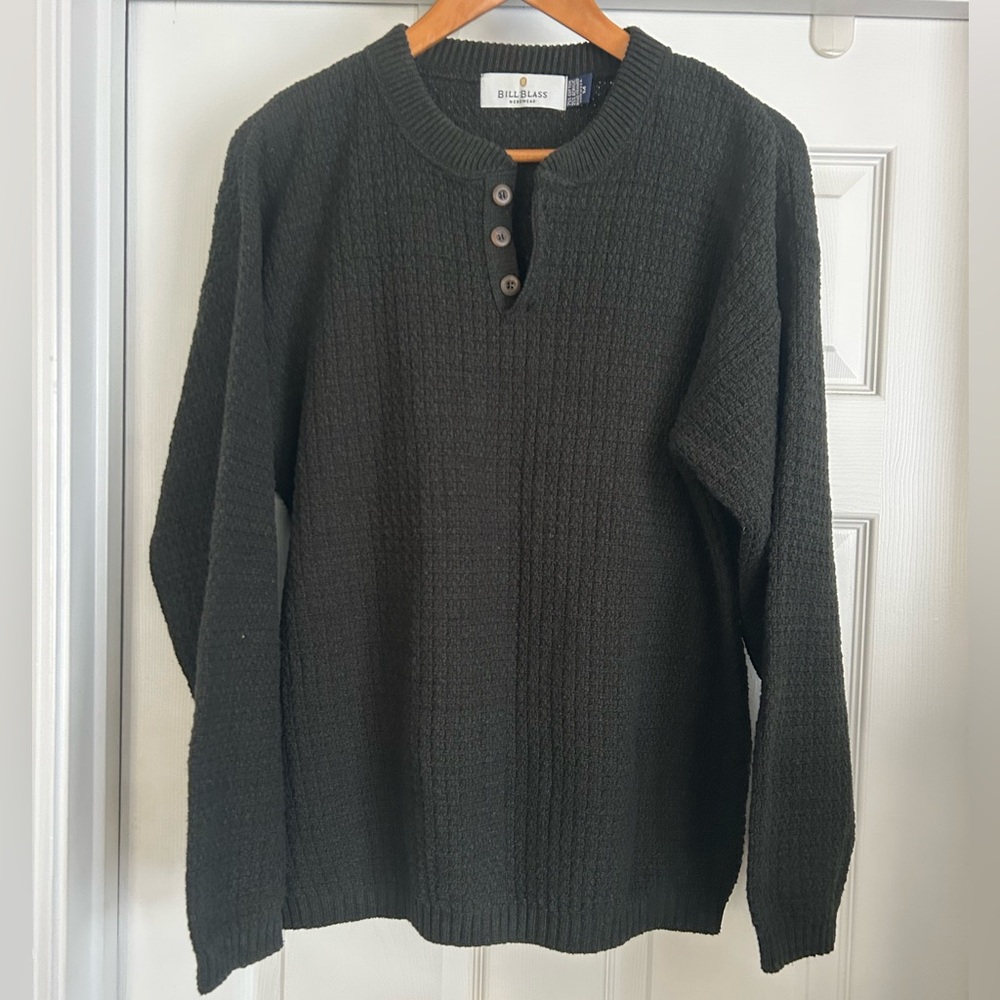 VTG Bill Blass Sweater‎ Mens M Green Henley Cable Grandpa Hand Framed Made USA